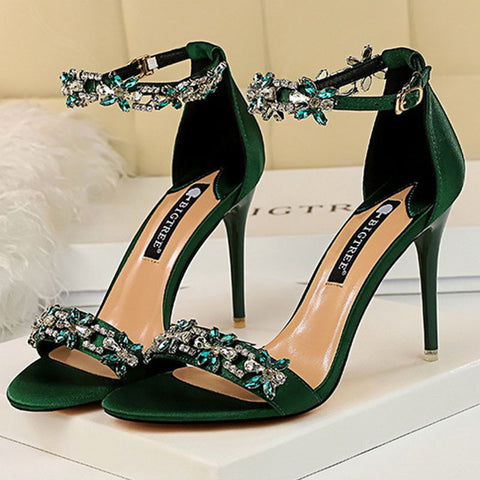 Pointed toe rhinestone embellished stiletto sandals