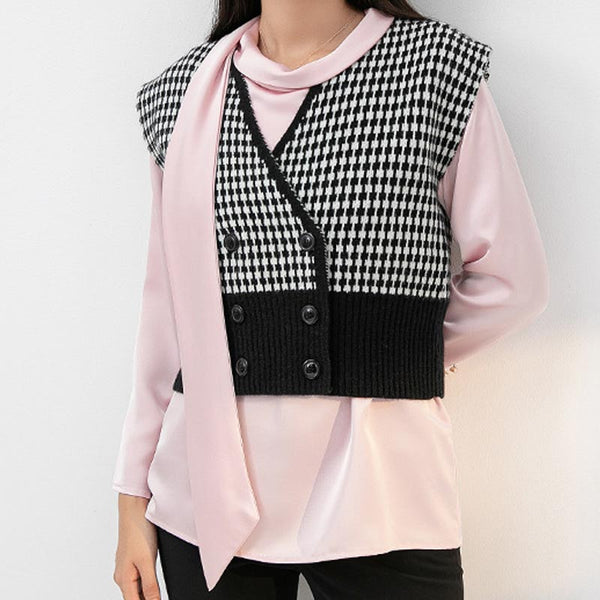 Houndstooth double breasted sleeveless patch vests