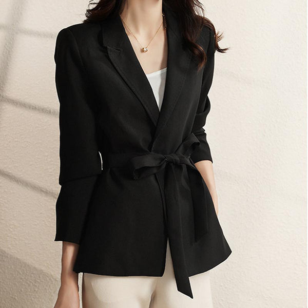 Stylish solid  lapel long sleeve belted blazers