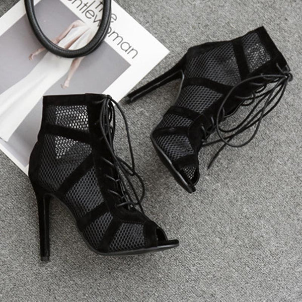 Peep toe lace-up openwork sandals