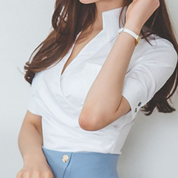 White v-neck short sleeve slim blouses