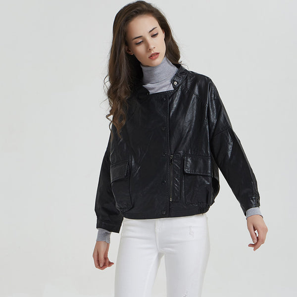 Stand collar faux leather moto jackets