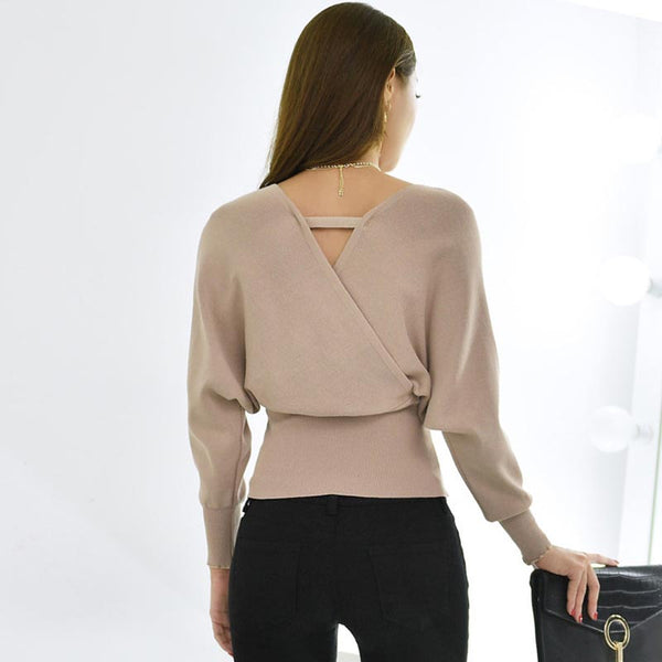 V-neck cut out back sweaters