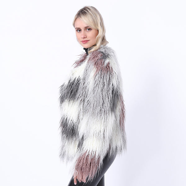 Color-blocked plush faux fur coats