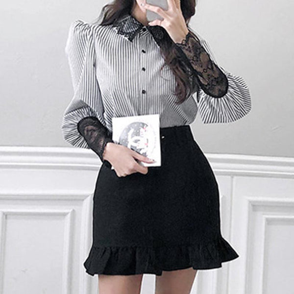 Lace patchwork striped blouses