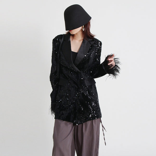 Chic sequin patch lapel long sleeve blazers