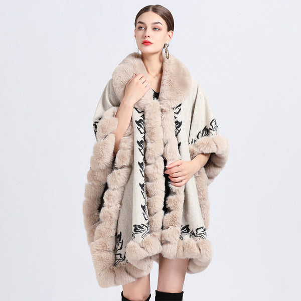 Ethnic jacquard fur patch ponchos coats