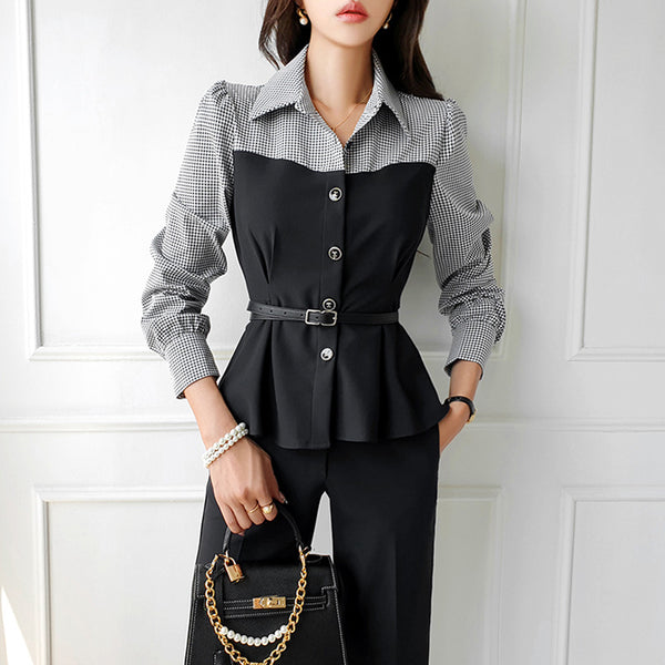 Elegant plaid patchwork single bleasted blouses and pants suits