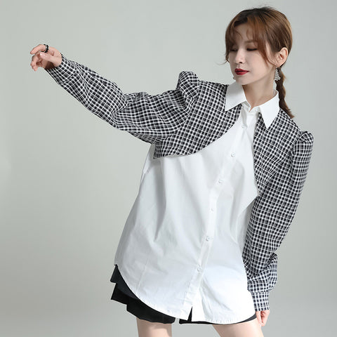 Stylish splicing lapel puff sleeve blouses