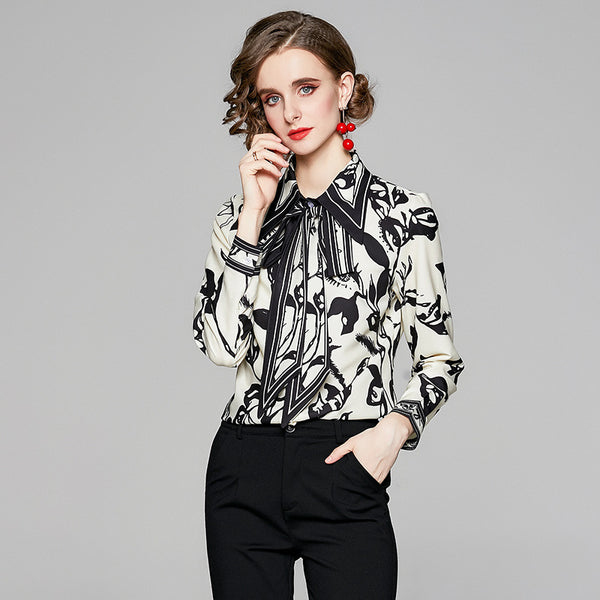 Front tie turn-down collar print blouses