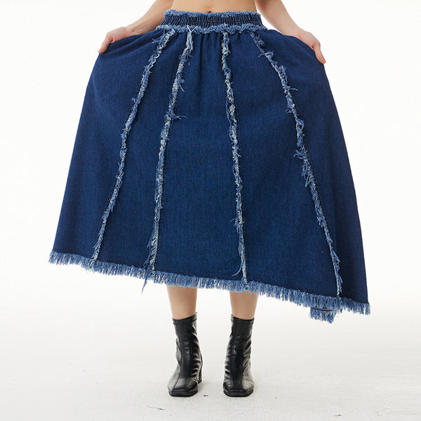 Loose burrs elastic waist a-line denim skirts