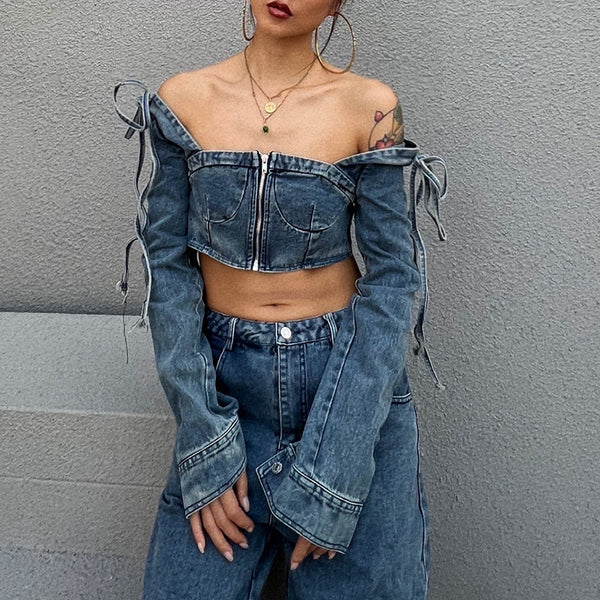 Off-the-shoulder cropped tops with baggy jeans