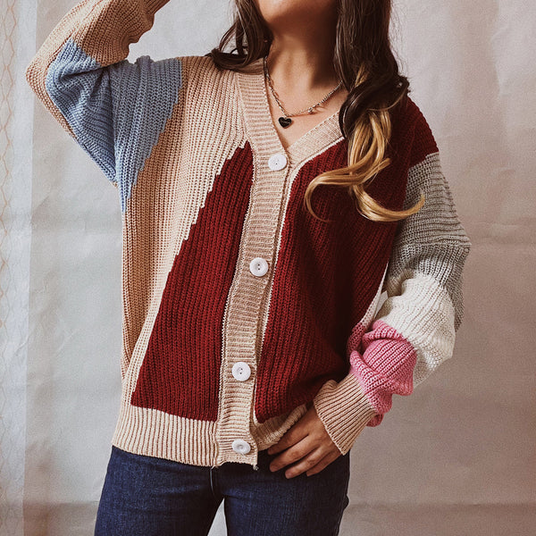 Casual color block single breasted long sleeve cardigans