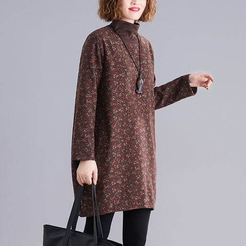 Casual floral print high neck long sleeve dresses