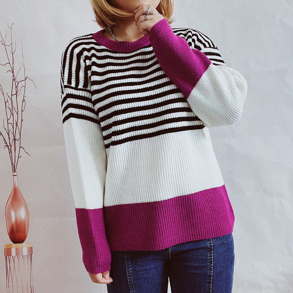 Stripe color block crew neck long sleeve sweaters
