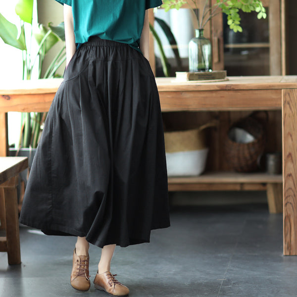 Vintage solid elastic waist pocket skirts