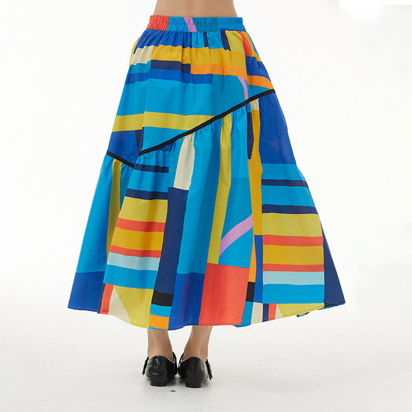 Geometric print elastic waist a-line skirts