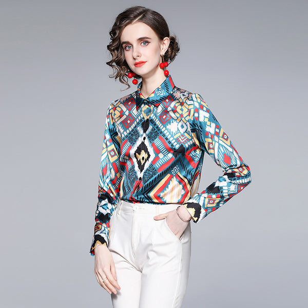 Turn-down collar stain print blouses