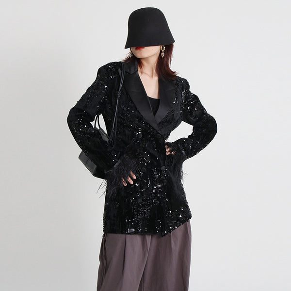 Chic sequin patch lapel long sleeve blazers