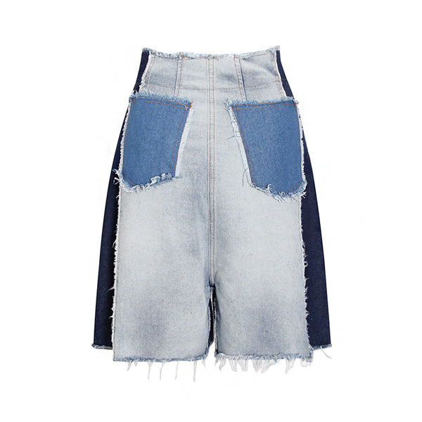 Color blocked rough selvedge baggy shorts