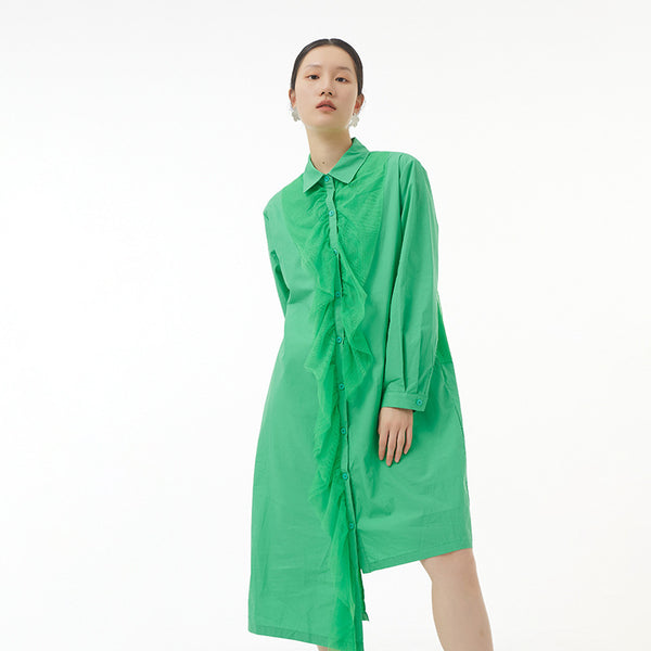 Stylish mesh patch lapel long sleeve irregular shirt dresses