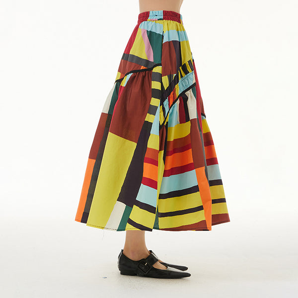 Geometric print elastic waist a-line skirts