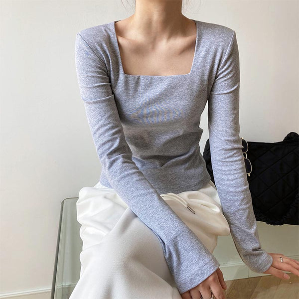 Casual solid square neck long sleeve tops