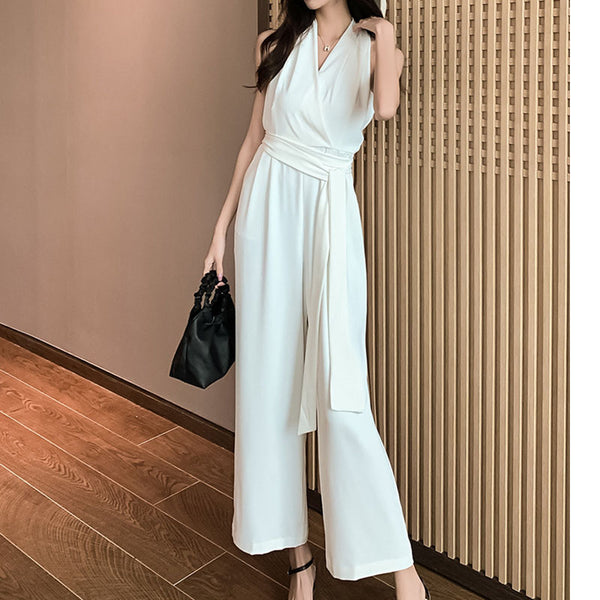 Solid v-neck sleeveless wrap wide leg jumpsuits