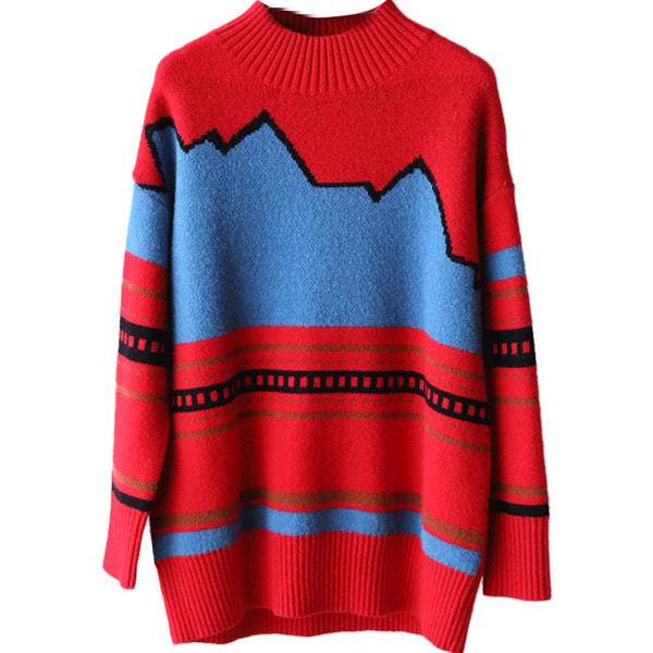 Pullover half-collar printed loose sweaters