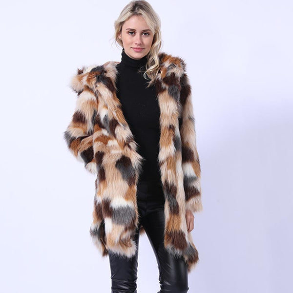 Hooded asymmetric faux fur coats