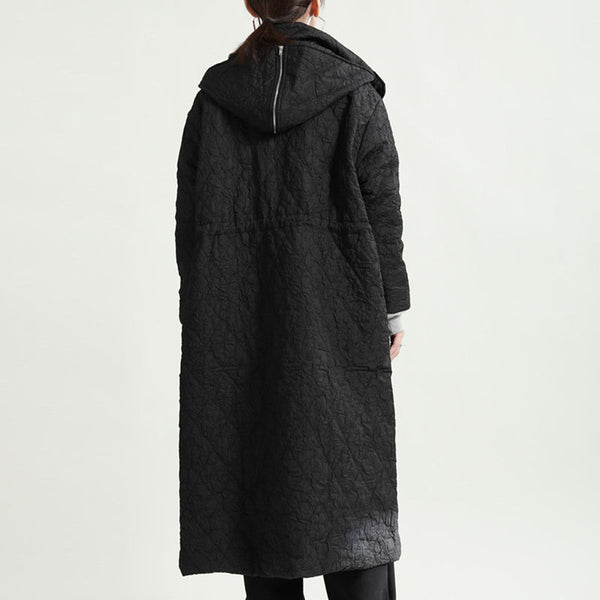 Solid drawcord hooded long winter coats