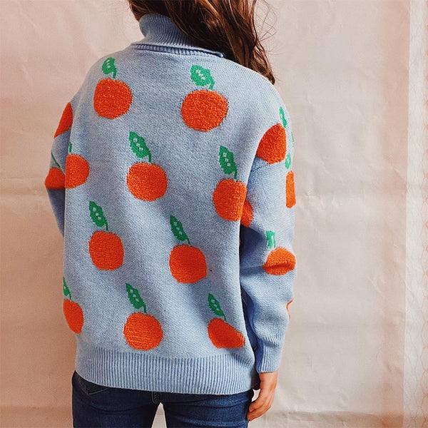 Fruit intarsia high neck long sleeve sweaters