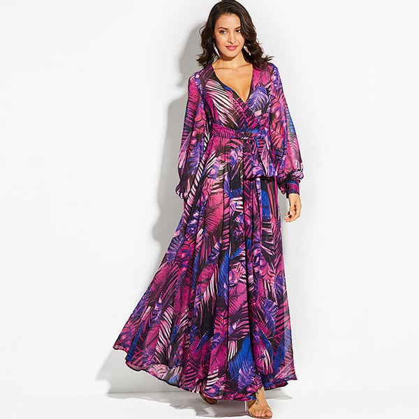 Plunging belted wrap floral maxi dresses