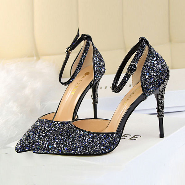 Ankle-strap fastening sequin high heels