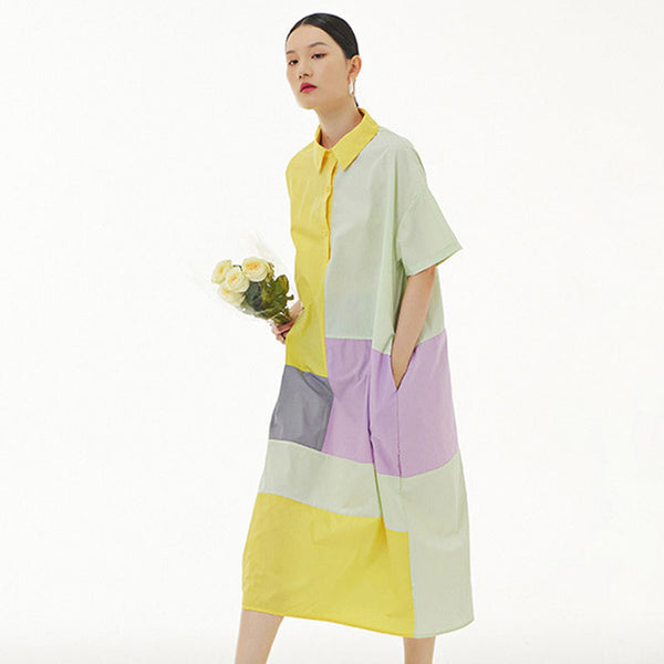 Short sleeve color patchwork casual shirtdresses