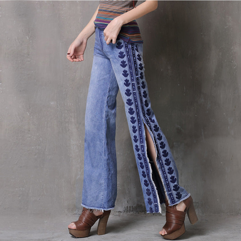 Print side split jean pants