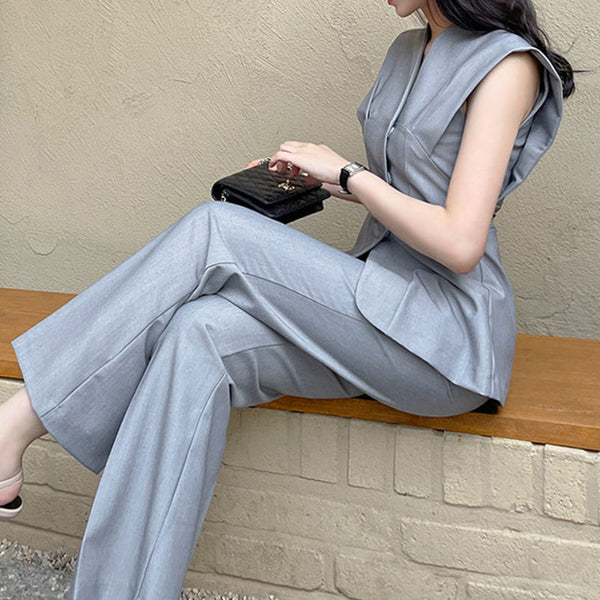 Single-breasted cap sleeve belted top straight pant suits