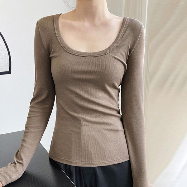 Casual solid u-neck long sleeve knitting tops