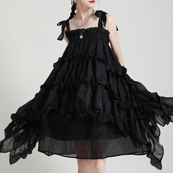 Irregular mesh lace pleats layered dresses