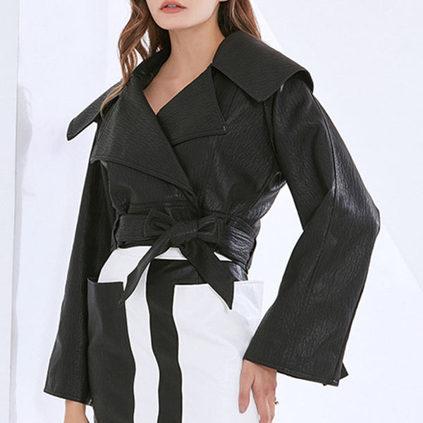 Lapel bowknot faux leather jackets