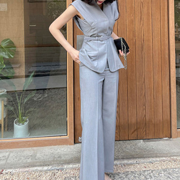 Single-breasted cap sleeve belted top straight pant suits