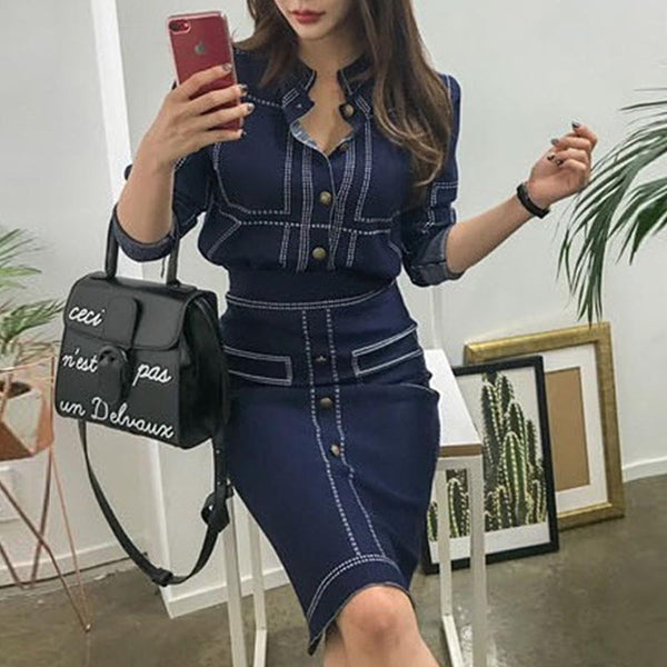 Stitching mock neck bodycon skirt suits