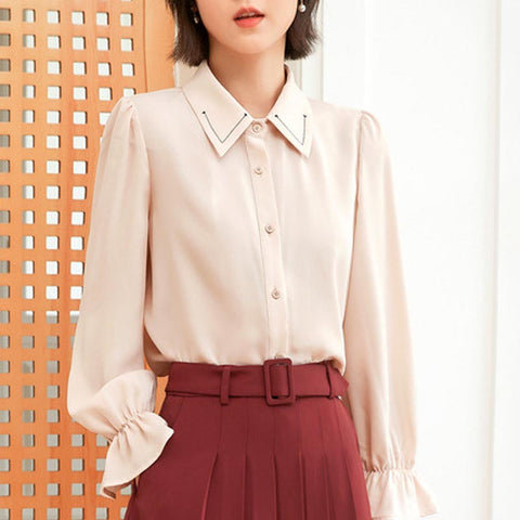 Solid lapel flare sleeve blouses