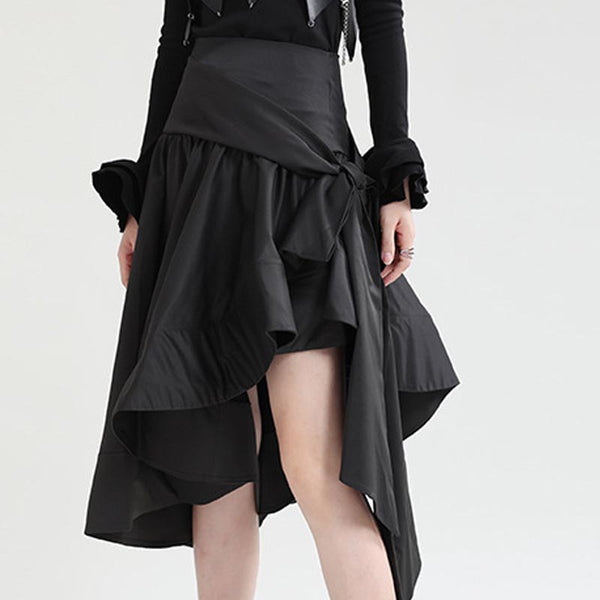 Black belted ruffled high waist irregular skirts