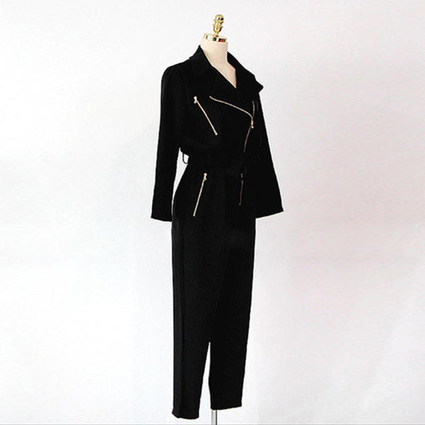 V-neck elastic waist jumpsuits with zippers