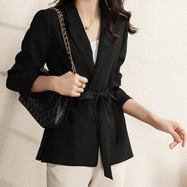 Stylish solid  lapel long sleeve belted blazers