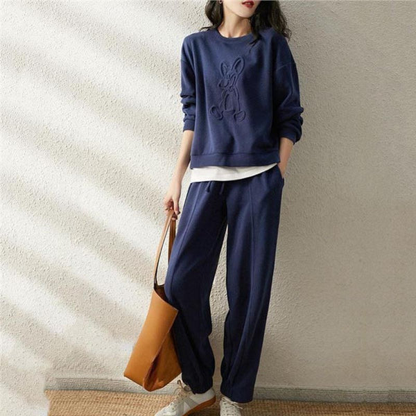 Casual patch crew neck long sleeve sweatershirts and elastic waist pants suits