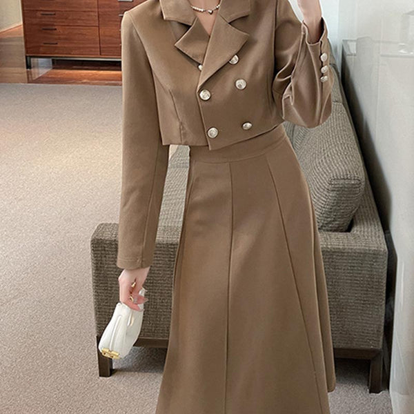 Solid lapel long sleeve short blazers and high wasit a-line skirts suits