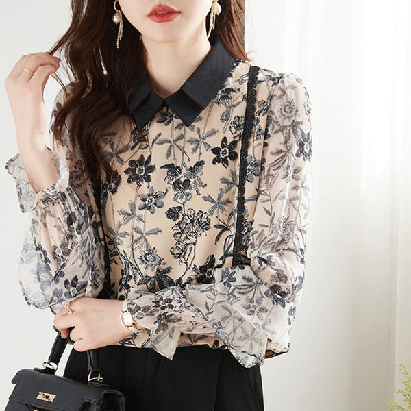 Oversize long sleeve print casual blouse