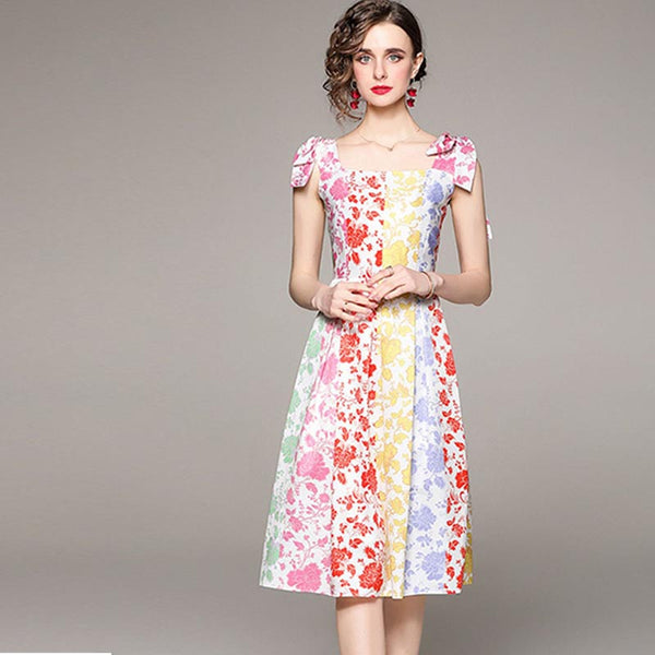 Stylish floral print square neck strap a-line dresses